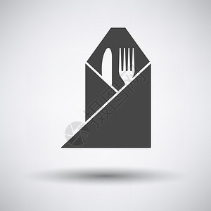 灰色背景的纸巾上叉和刀包餐巾图标有圆阴影矢量插图叉和刀包餐巾图标图片