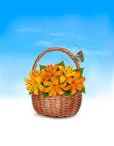 夏天满是鲜花和蝴蝶的篮子矢量元素图片