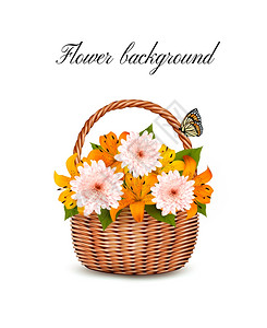 夏天满是鲜花和蝴蝶的篮子矢量元素图片
