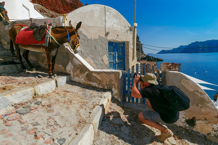 摄影师旅行者在希腊爱琴海圣托里尼岛奥亚村的旧港AmoudiAmoudi拍照驴图片