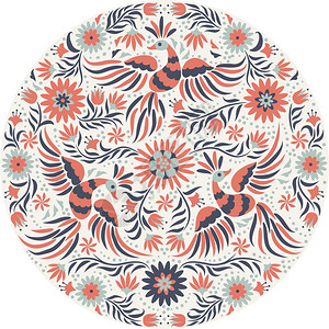 墨西哥的刺绣圆形图案红的和背民族图案鸟类和鲜花的浅色背景带有明亮民族装饰品的花岗背景图片
