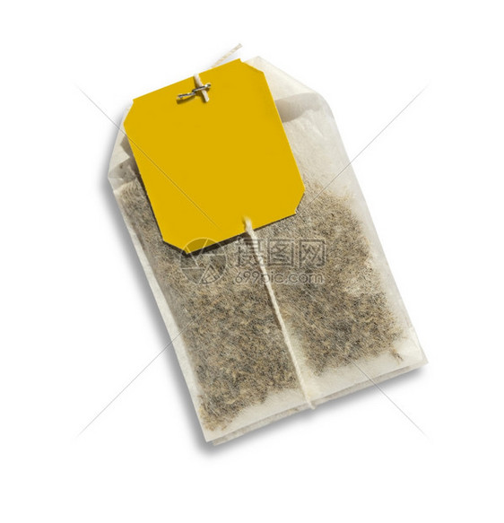 带有黄色标签的茶包顶视图孤立在白色上带有剪切路径图片