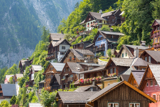 奥地利HallstattHallstat村的经典景象图片