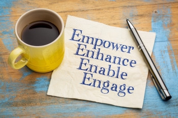激励领导辅或商业概念增强和激发手持餐巾纸上的文字和咖啡图片