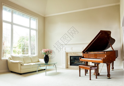 客厅里有大钢琴壁炉沙发和大窗户阳光明媚的芒穿透图片