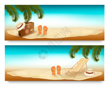 热带岛屿有棕榈树沙滩椅和手提箱度假矢量背景图片