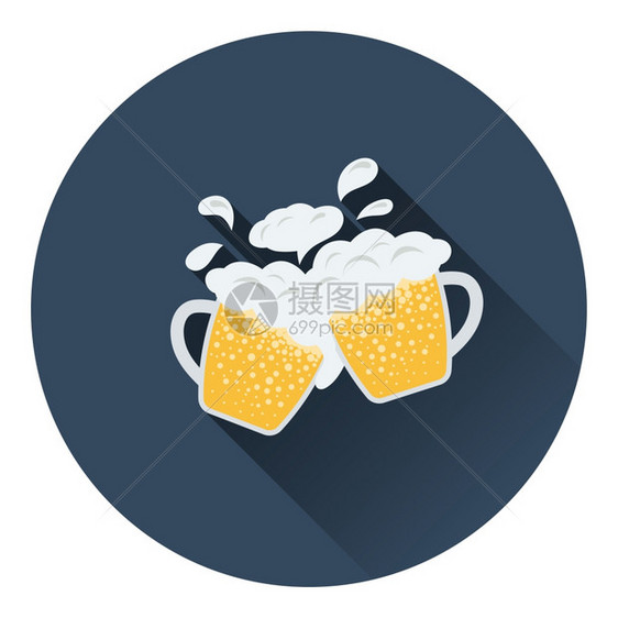 两杯啤酒上面有泡沫图标的苍蝇平面彩色设计矢量图解图片