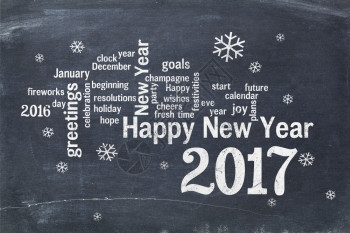 2017年新快乐乌云黑板上的白粉文字贺卡图片