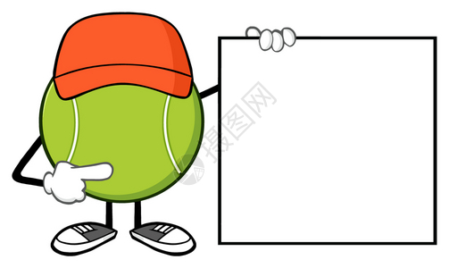 指向空白信号银行的网球无面卡通马斯科特字符图片