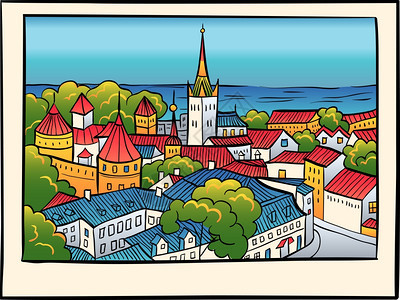 中世纪老城圣奥拉夫浸信会教堂和塔林城墙草图风格爱沙尼亚塔林图片