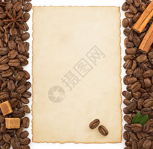 在白色背景上孤立的咖啡概念和羊皮纸图片