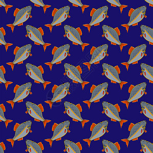 蓝色背景上孤立的新鲜鱼无缝型图片