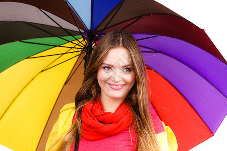身着防雨黄色大衣的时髦雨女子站在多彩的伞式演播室拍摄的镜头下图片