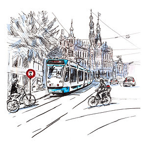荷兰的阿姆斯特丹街道的典型城市景象与自行车手和电图片