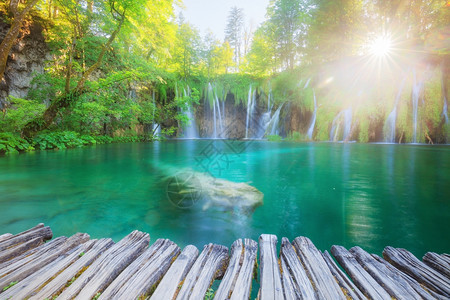 美丽的阳光明媚瀑布克罗地亚普利维茨公园图片