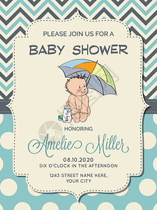 美丽的婴儿男孩淋浴卡带小婴儿在雨伞下矢量格式图片