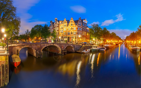 荷兰阿姆斯特丹运河桥梁和典型房屋船只和自行车图片