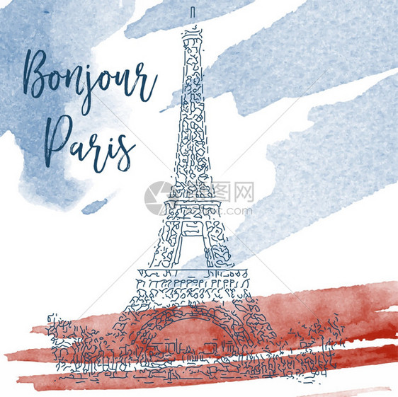 手工绘制巴黎的墨水线草图矢量水彩色背景图片