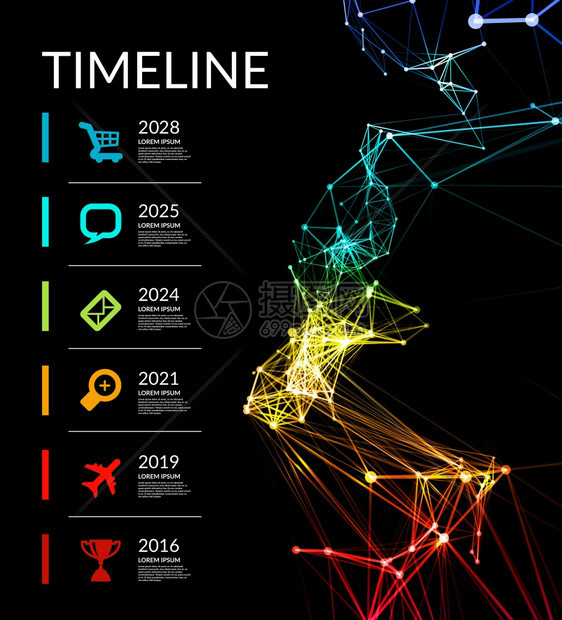 时间线信息量矢说明时间线要素矢量关于黑色背景的分布图图片