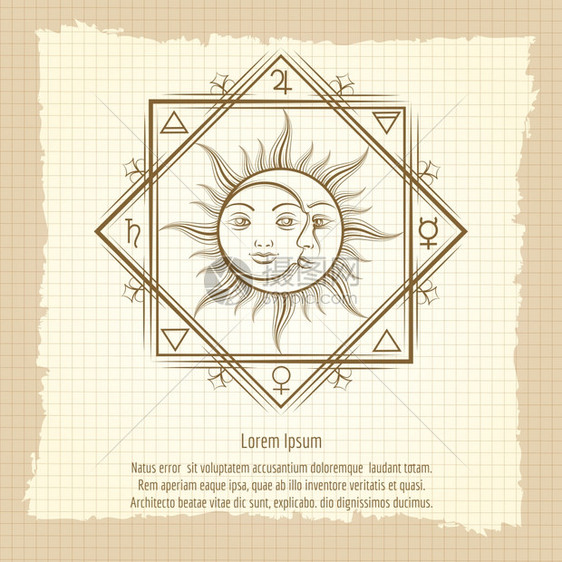 古代背景的太阳和月亮炼金元素和古代风格背景的太阳和月亮矢量插图图片