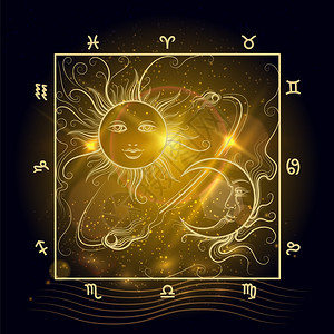 占星图太阳和月闪耀的占星图太阳月亮和Zodiak在闪亮背景矢量上的标志图片