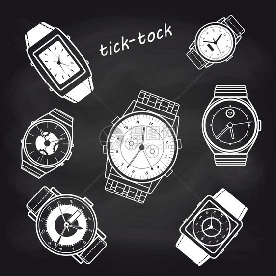 黑白板上的色手表图标黑板背景矢量插图上的白色手表标图片