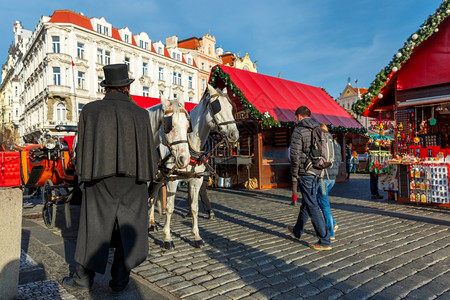 穿着黑帽子大衣和白色马匹的教练在捷克布拉格圣诞老城广场等观光客图片