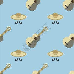 墨西哥的吉他与帽子和胡无缝的蓝色背景模式图片