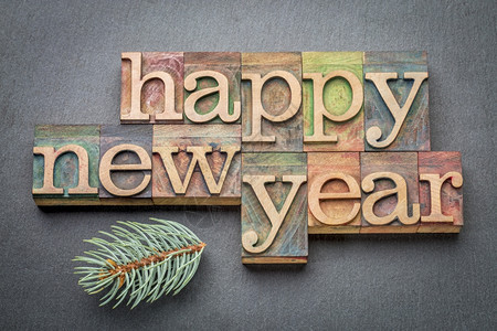 新年快乐文字以纸质木型块形式以带有科罗拉多银子分支的石块背景写成图片