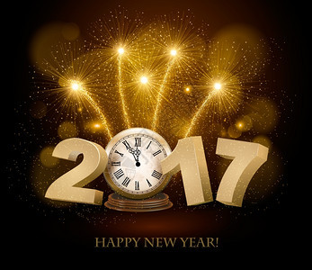 新年快乐的背景是2017年时钟和烟花矢量图片