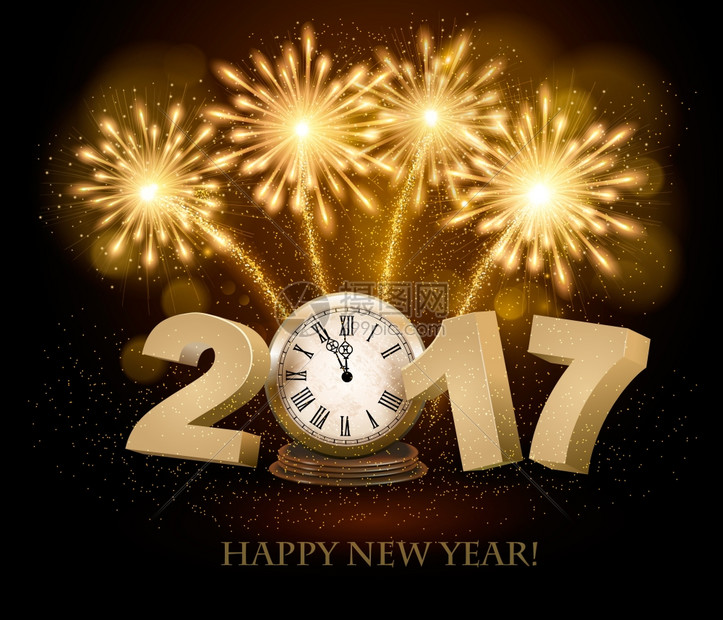 新年快乐背景2017年时钟和烟花矢量图片