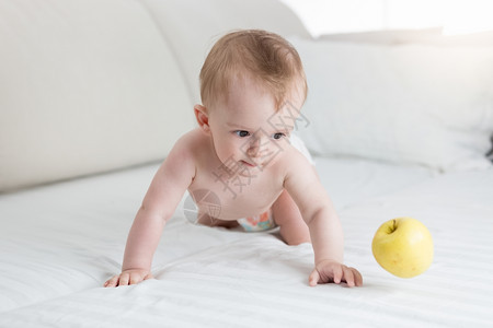 可爱的10个月大小孩男在床上玩黄苹果图片