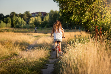 美丽的女孩在日落时田地骑自行车图片