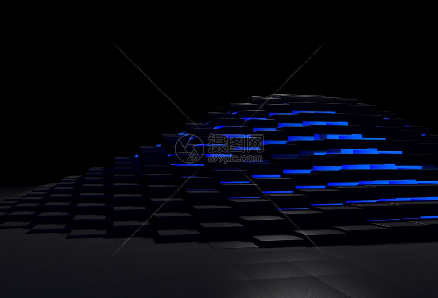 摘要3D背景黑石金字塔以蓝光照亮图片