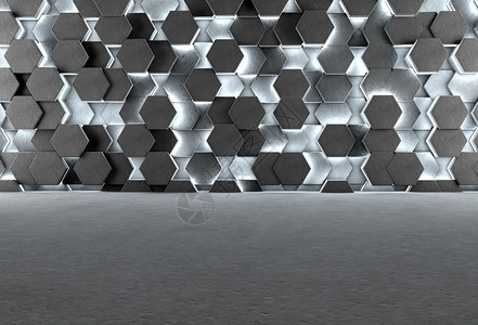发光墙3D背景灰色地板墙上有发光的混凝土六边形背景