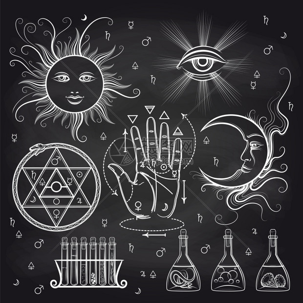 黑板背景上的等深符号哲学和炼金元素