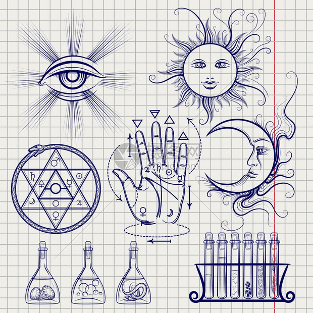 笔记本页上的无教义符号哲学和炼金元素的图样哲学和炼金元素