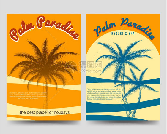 棕榈乐园传单设置酒店公寓温泉矢量插图的小册子传单模板图片
