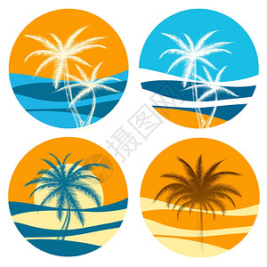 棕榈天堂徽标设置有日出和棕榈树的多彩图标图片