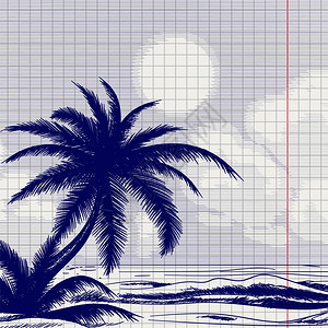 棕榈树和海洋草图笔记本页上的球棕榈树和海洋前草图图片