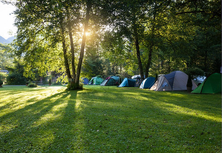 在绿草坪上搭帐篷的露营区图片