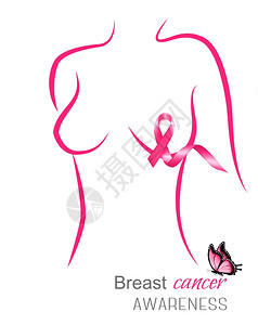 带有粉色丝和蝴蝶的雌身体轮廓乳腺癌意识矢量图片