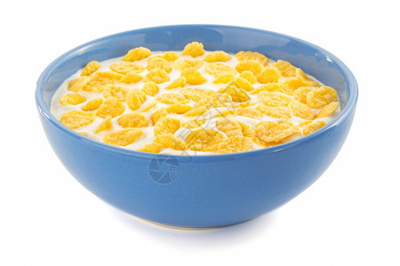 空白背景蓝碗里的玉米片图片