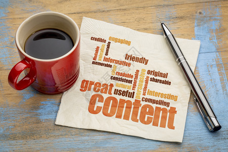 商业写作和内容营销概念餐巾纸上大内容字词云和咖啡杯图片