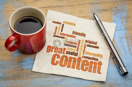 商业写作和内容营销概念餐巾纸上大内容字词云和咖啡杯图片