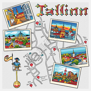 爱沙尼亚塔林市中世纪老城最流行的绘画风格彩色旅游书籍图片