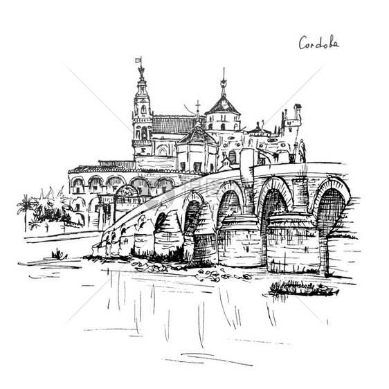 梅兹基塔大清真寺科尔多瓦大教堂和西班牙安达卢亚科尔多瓦Guadalquivir河的罗马桥图片