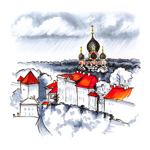 在爱沙尼亚塔林圣奥拉夫教堂下雨日从圣奥拉夫教堂塔台观看图贝亚山丘有堡垒墙塔台和俄罗斯东正教亚历山大内夫斯基教堂图片