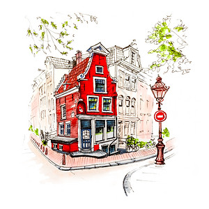 荷兰有和灯笼的阿姆斯特丹典型房子的城市景色彩手绘城市景图片