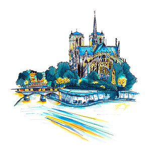 与法国巴黎圣母教堂南面的光辉城市景色图片